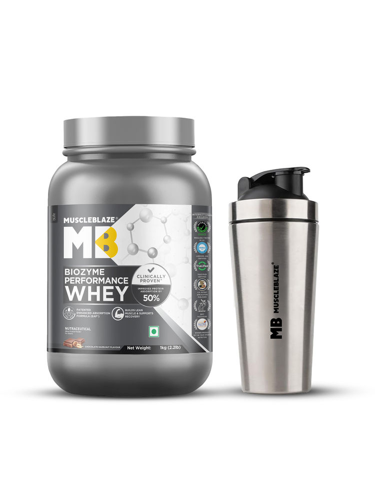 MuscleBlaze Biozyme Performance Whey With Gym Steel Shaker - Chocolate Hazelnut