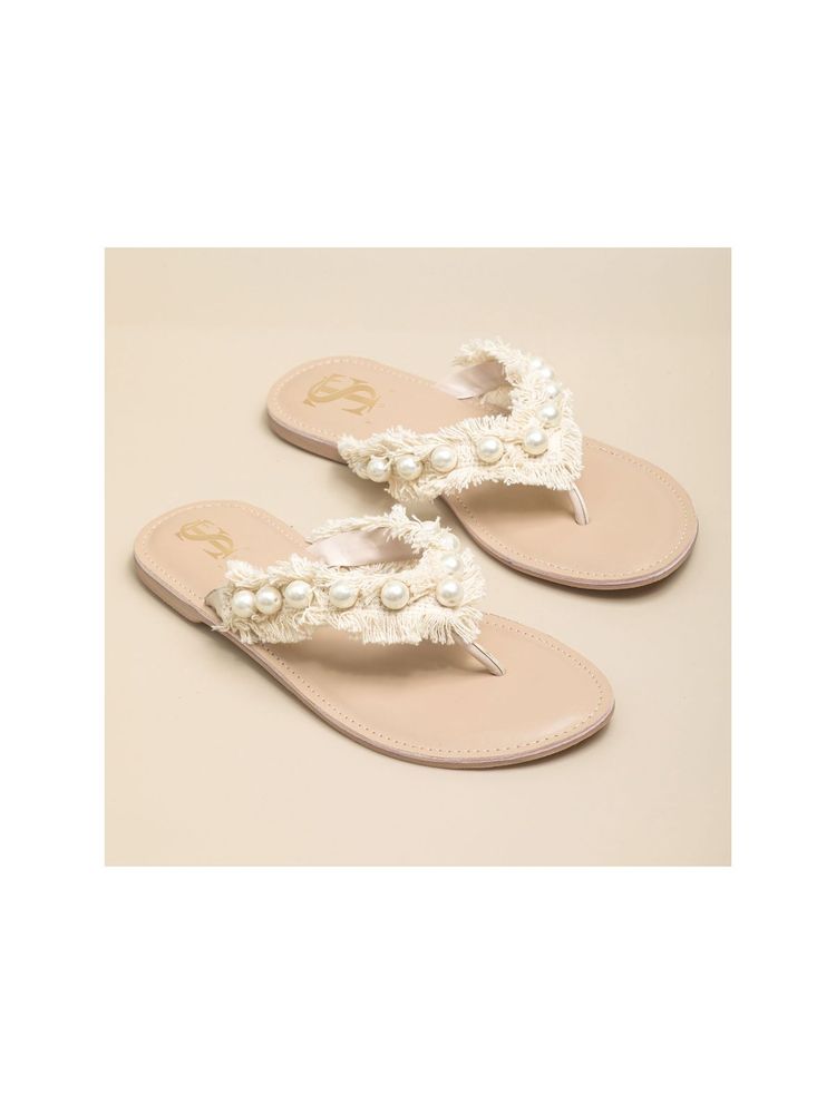 Shoe that fits you Beige Lacey Pearl Flipflops