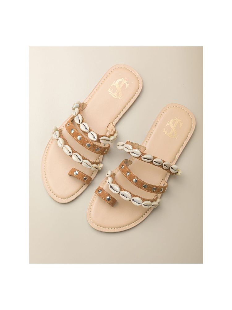 Shoe that fits you Tan Studded Shell Flats-image-17