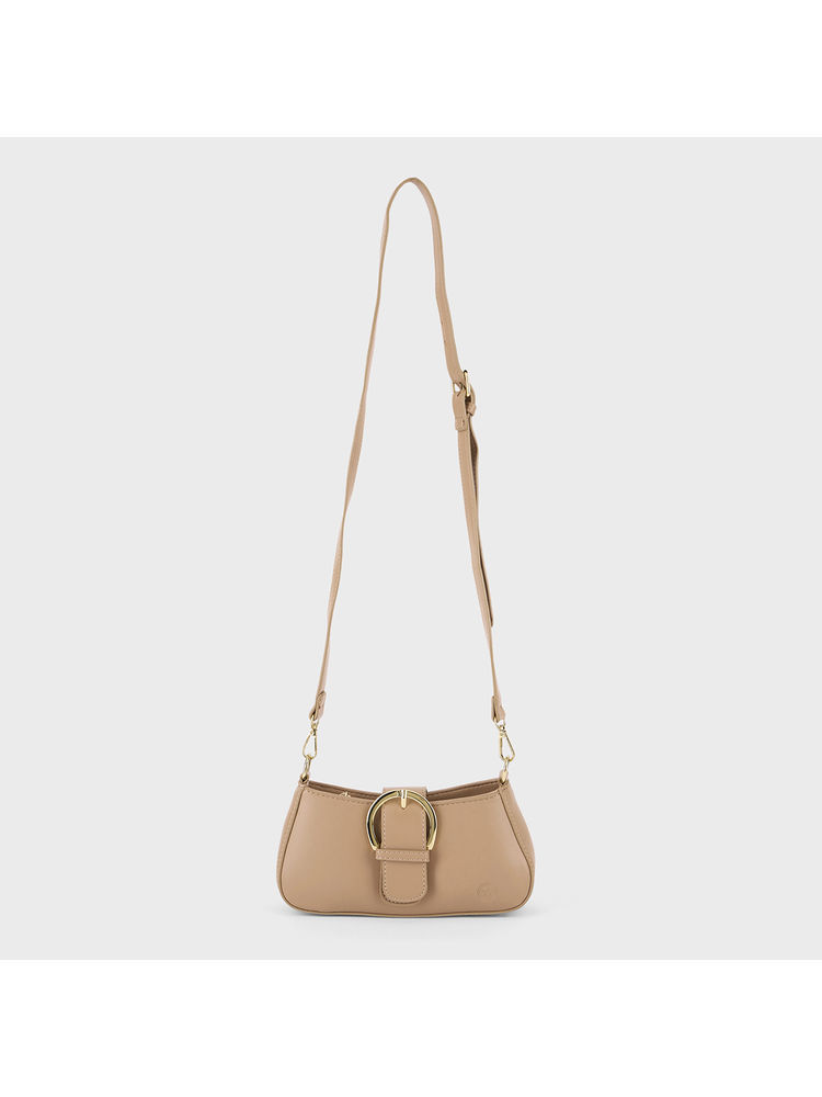 Twenty Dresses by Nykaa Fashion Beige Solid Gold Buckle Small Sling Bag-image-42