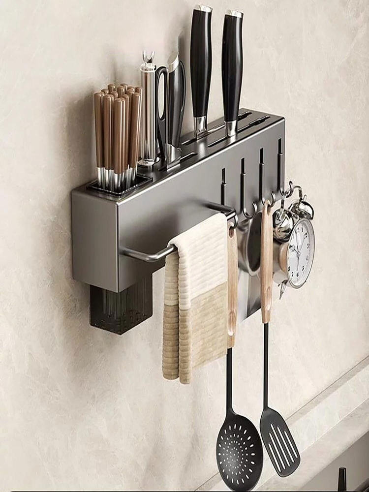 House of Quirk Knife Rack Holder Wall Mounted & Countertops Seasoning Shelf - Grey-picture-27