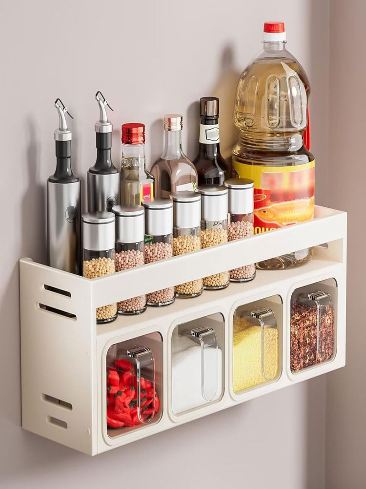 House of Quirk 4 Slot Organizer Condiment Rack Holder Wall Mounted Organizer Shelf - Cream-picture-14