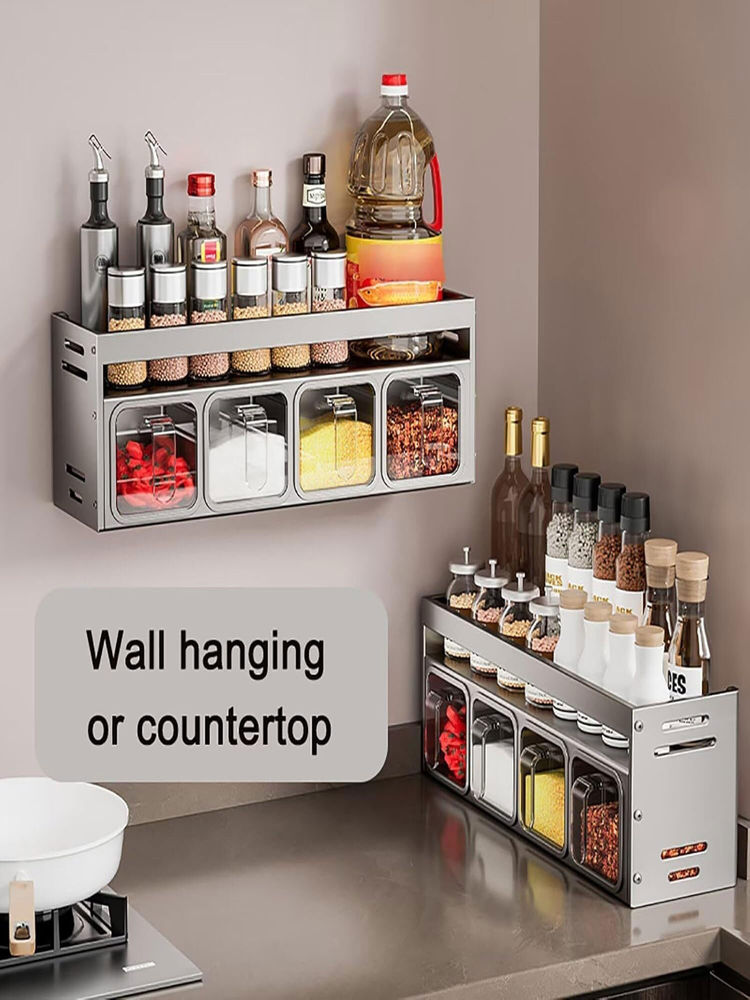 House of Quirk 4 Slot Organizer Condiment Rack Holder Wall Mounted Organizer Shelf - Grey-image-5