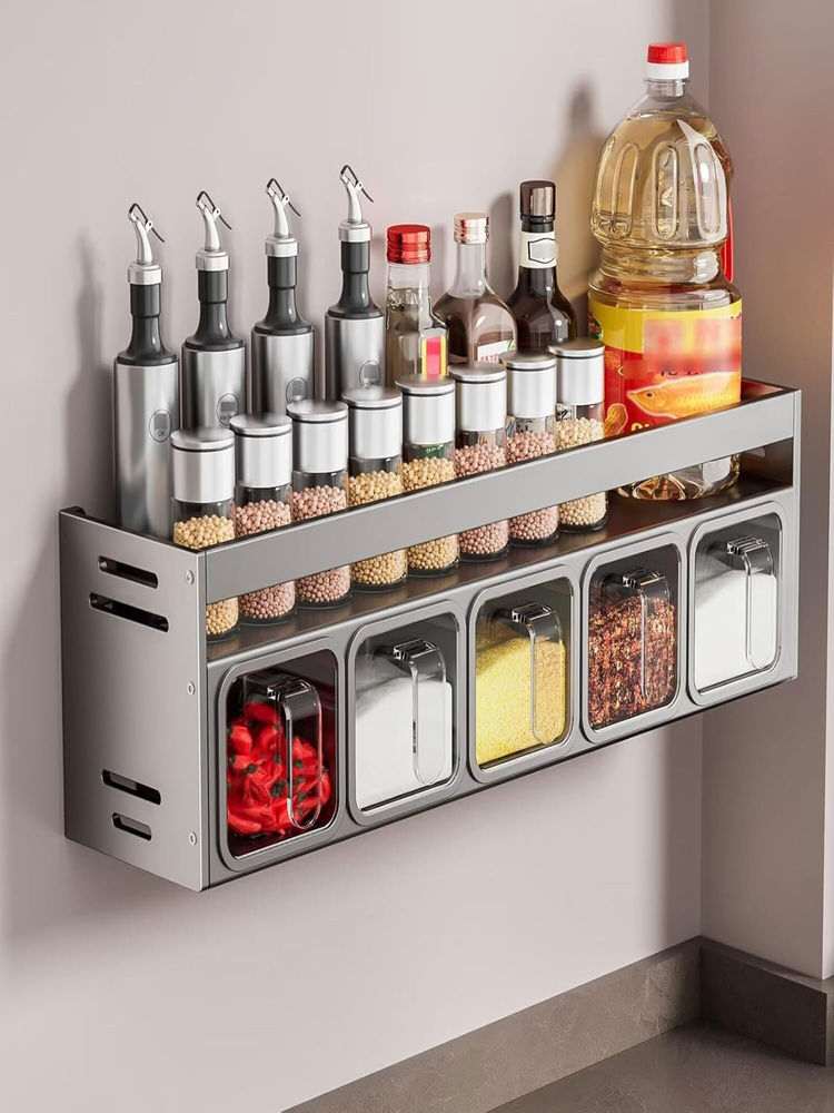 House of Quirk 5 Slot Organizer Condiment Rack Holder Wall Mounted Organizer Shelf -Grey-image-6