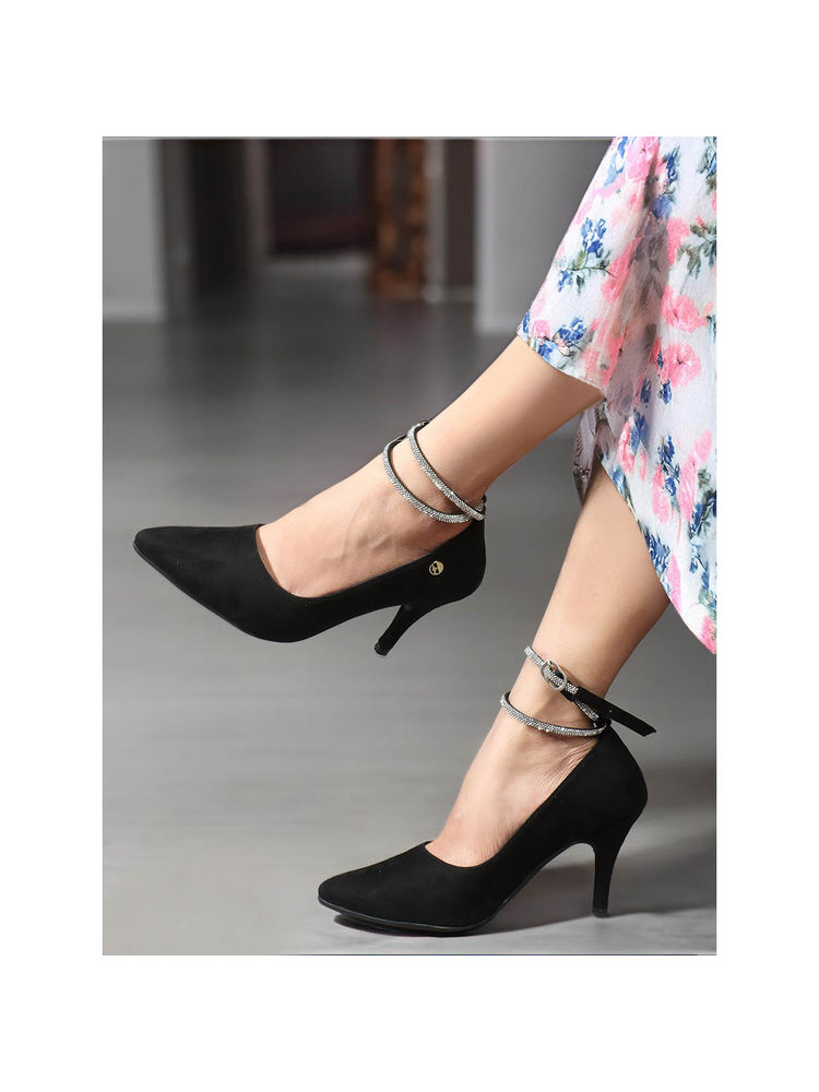 ELLE Women Elegant Black Ankle Strap Heels Classic Pointed Toe Pumps-picture-20