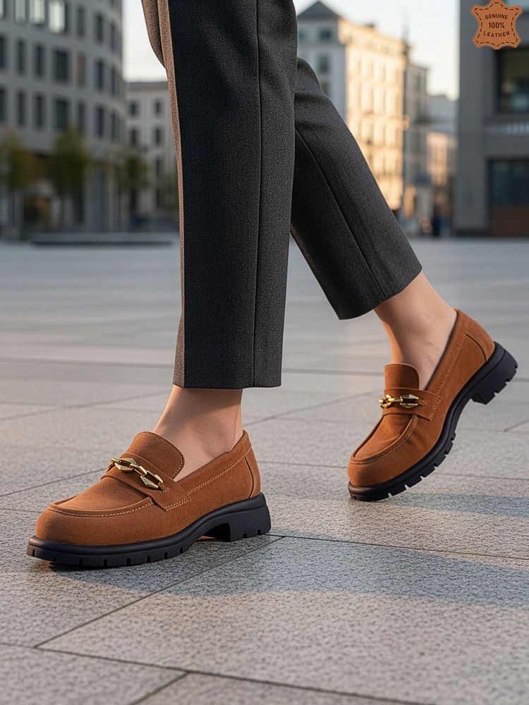 ELLE Suede Loafer with Gold-Tone Chain Accent and Chunky Sole - Tan-image-24