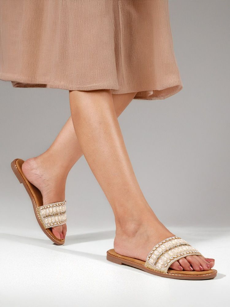 The White Pole Embellished Slip-On Gold Flats for Women-image-12