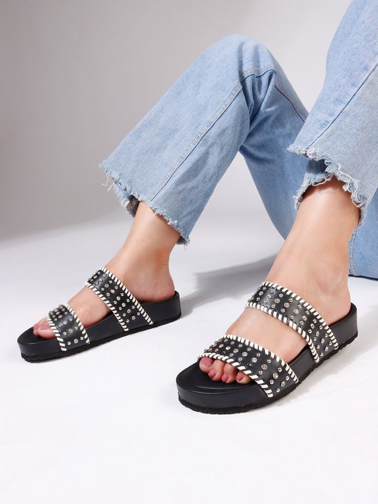 The White Pole Casual Slide Black Sandals with Silver Studs for Women-picture-26