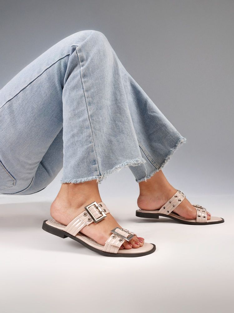 The White Pole Glossy Beige Buckle Strap Slip-On Flats for Women-image-11