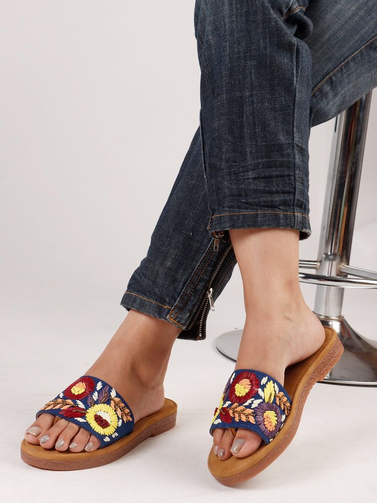 The White Pole Designer Blue Cork Sandals with Floral Embroidery-picture-28