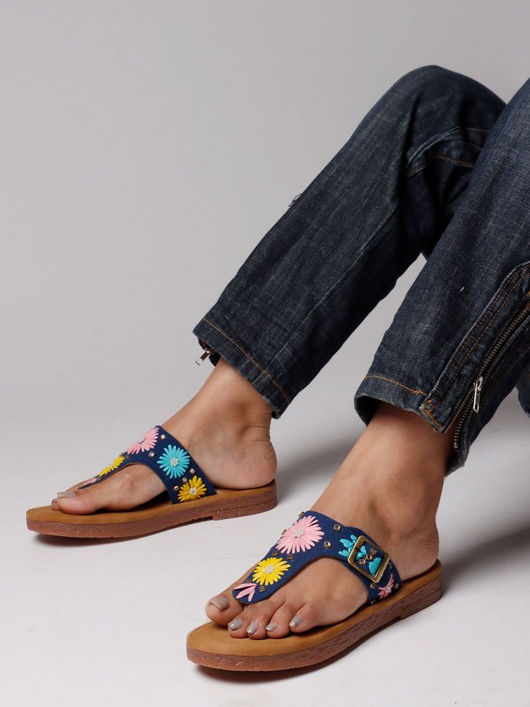 The White Pole Chic Floral Leather Strap Blue Sandals Effortless Style for Women and Girls-picture-35
