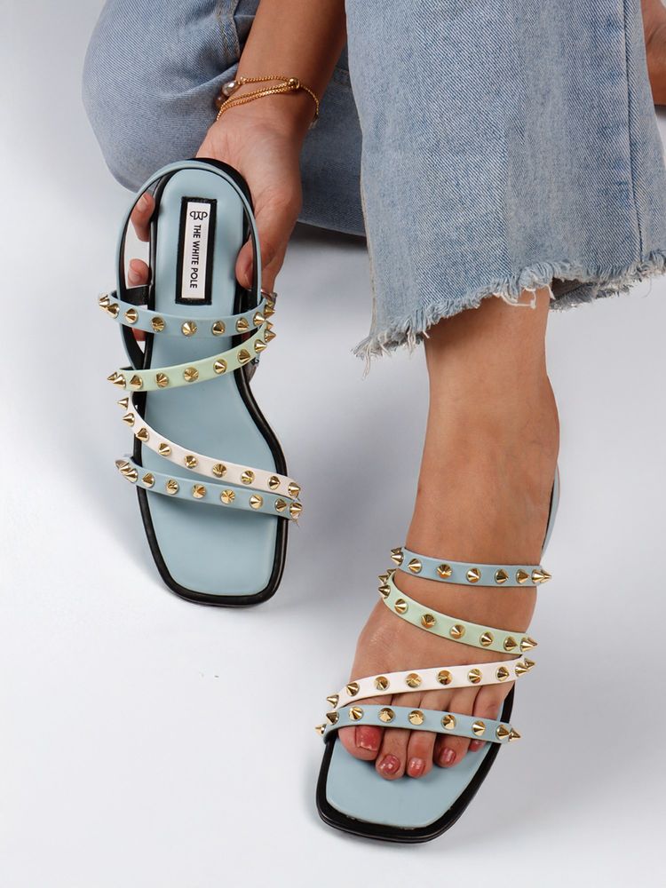 The White Pole Stylish Leather Blue Sandals with Studded Straps Effortless-image-33