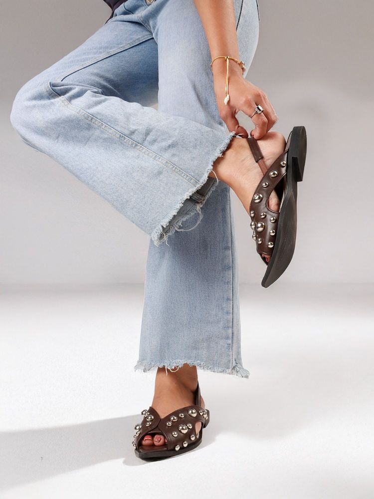 The White Pole Stylish Brown Flat Sandals with Studded for Women-image-35