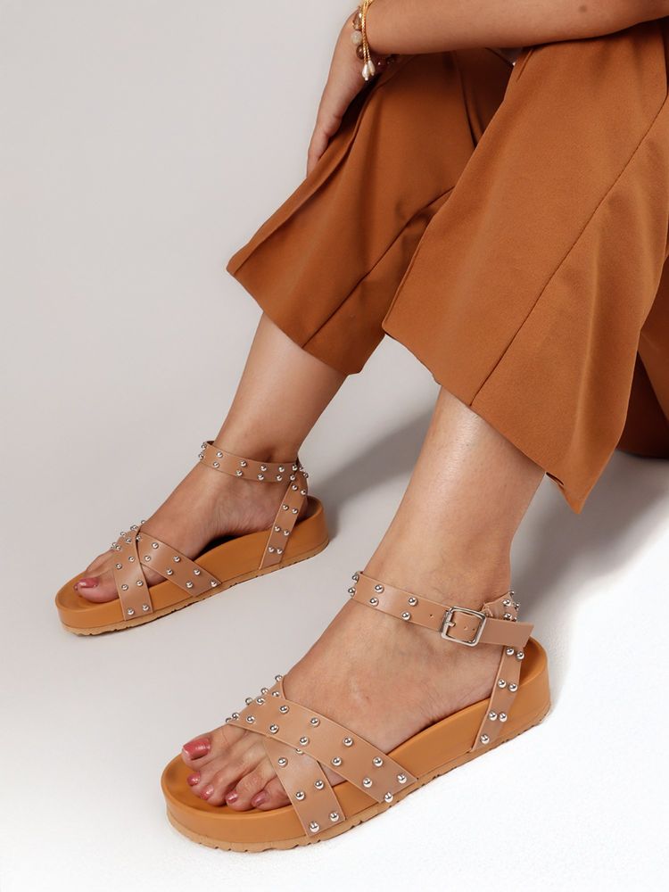 The White Pole Stylish Nude Flat Sandals for Women-image-24