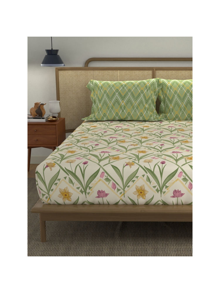 Urban Space Spring Sage Green Cotton Bedsheet with 2 Pillow Covers (Queen)-image-38