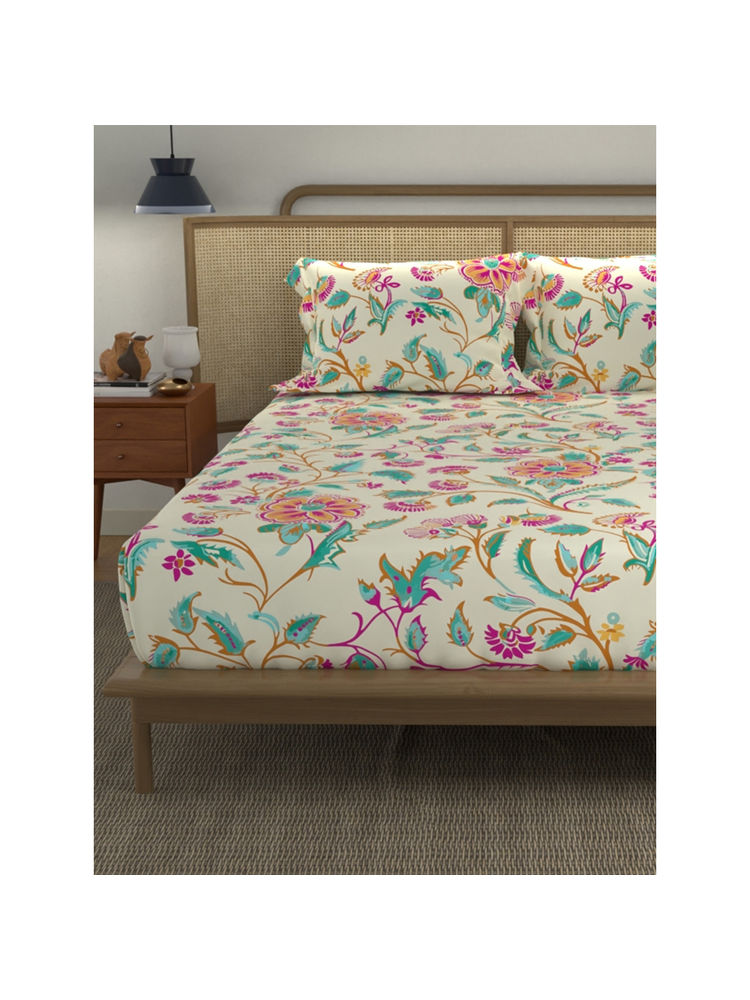 Urban Space Monsoon Buttercream Cotton Bedsheet with 2 Pillow Covers (Queen)-picture-37