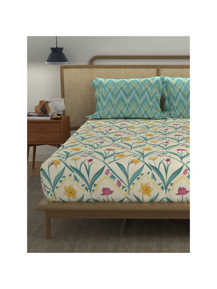 Urban Space Spring Turquoise Cotton Bedsheet with 2 Pillow Covers (Queen)-picture-26
