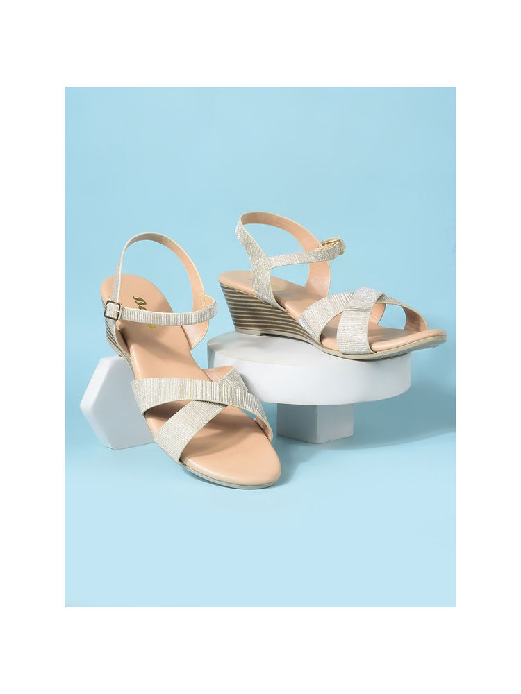 Bata Gold Stylish Wedge Sandals for Women-image-14