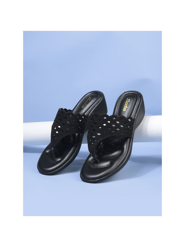 Bata Black Stylish Wedge Heels for Women-picture-11