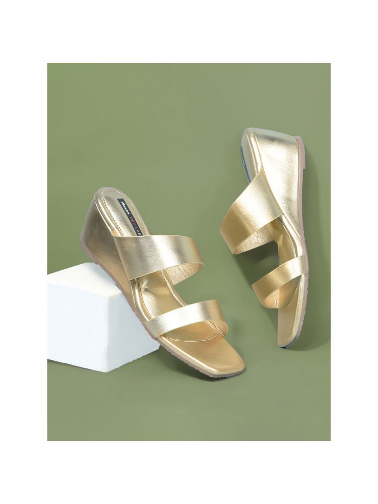Bata Gold Stylish Wedge Heels for Women-image-49