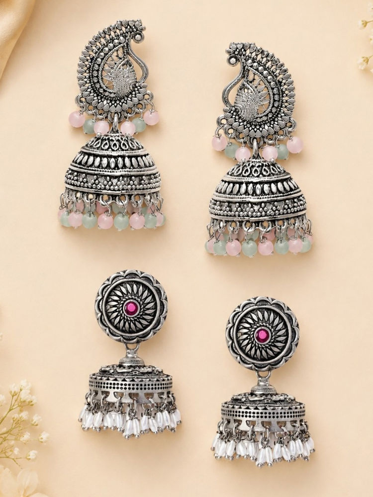 OOMPH Oxidised Silver Jhumka Earrings (Pack of 2)-picture-20