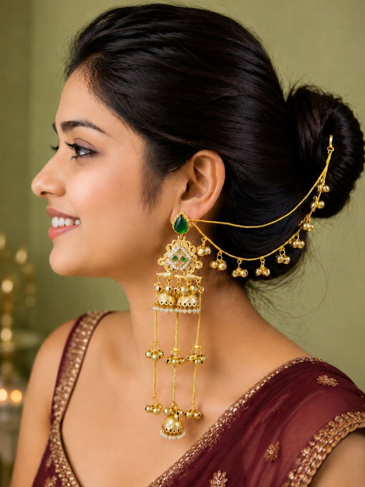 OOMPH Long Kashmiri Jhumka Earrings With Hair Kaan Chain With Ghungroo-image-6