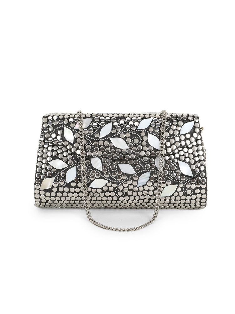 Anekaant Mosaic Silver and White Metal Botanical Mosaic Clutch