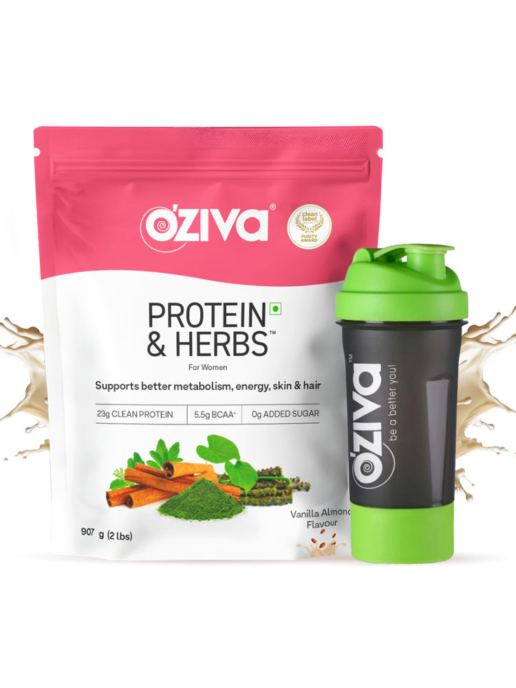 Oziva Protein & Herbs, Women - Vanilla Almond + Green Shaker