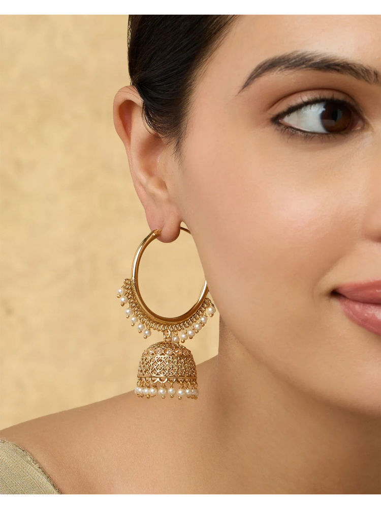 Indinoor White Meirna Temple Hoop Jhumka Earrings-picture-14