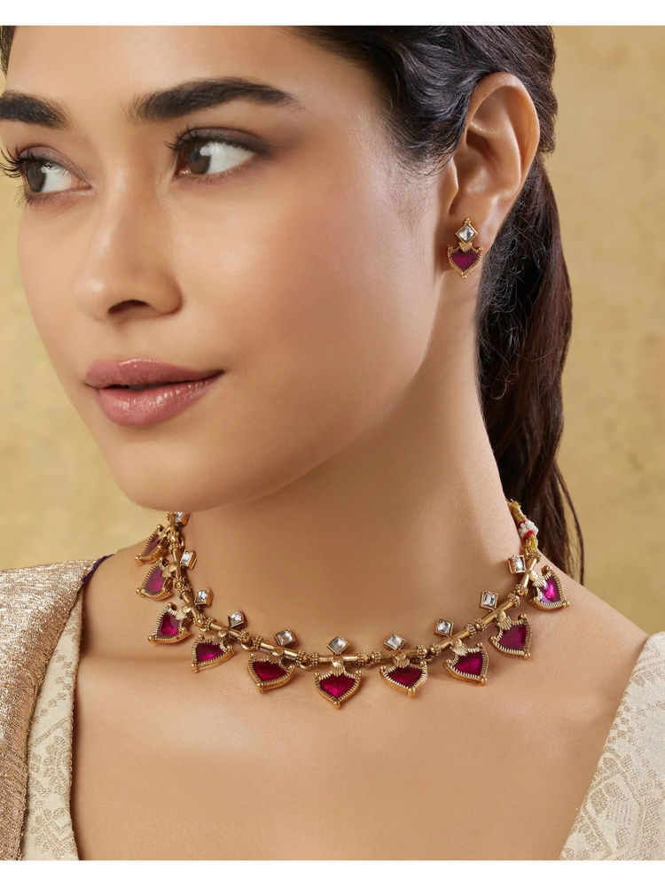 Indinoor Pink Enusha Temple Necklace with Earrings-picture-32