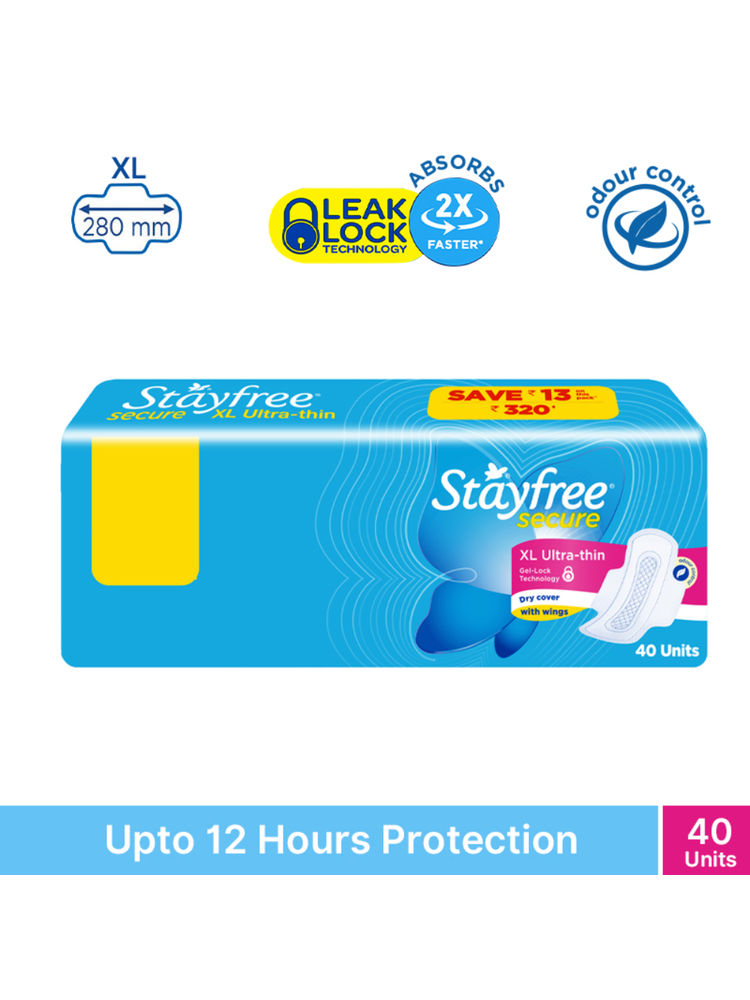 Stayfree Secure Extra Large Ultra Thin Sanitary Pads with Dry Cover & Wings - XL - Pack of 40