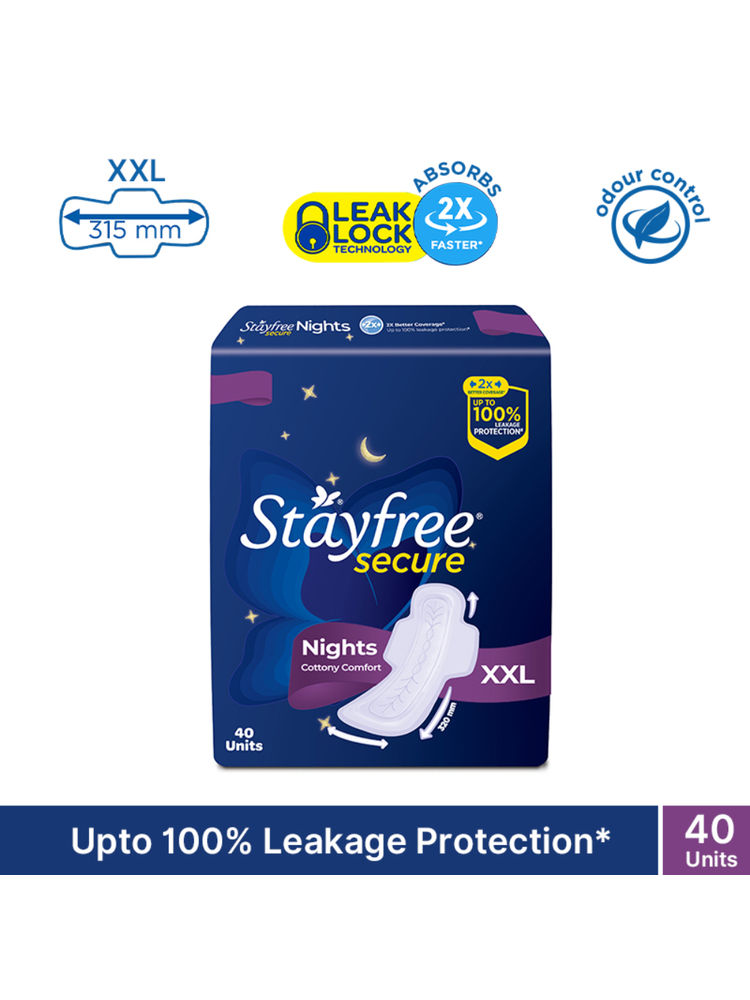 Stayfree Secure Nights Sanitary Pads with Cottony Soft Cover for Comfort - XXL - Pack of 40