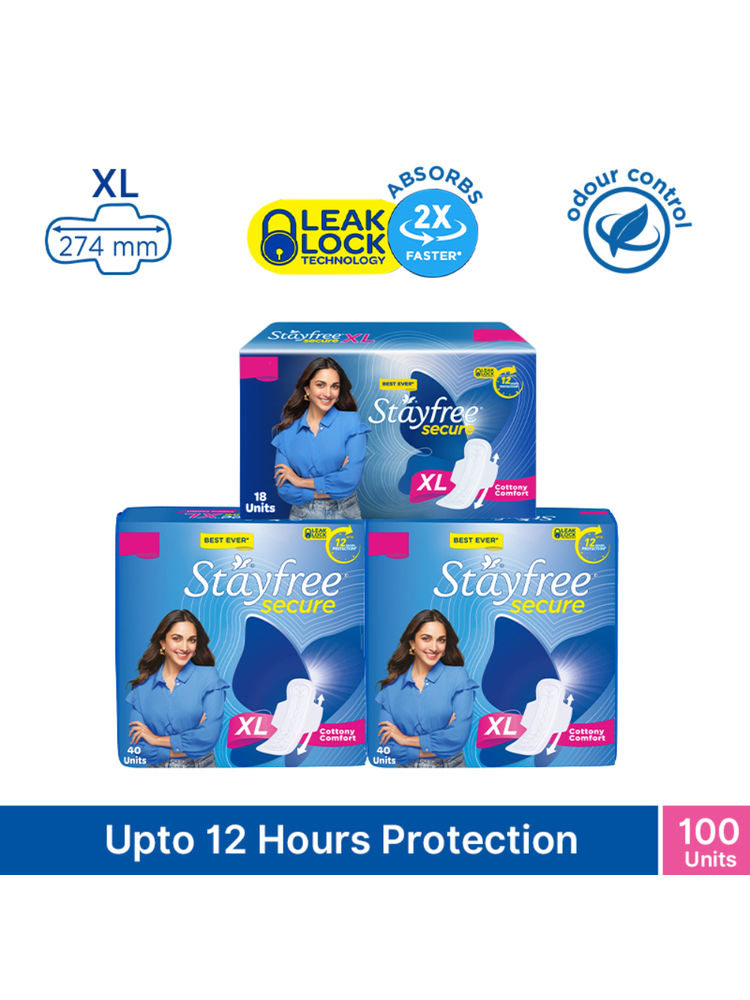 Stayfree Secure Extra Large Sanitary Pads with Cottony Soft Cover - XL - Combo Pack of 100