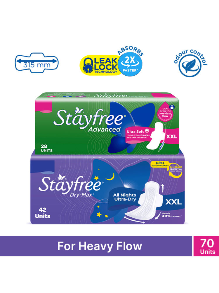 Stayfree Advanced Ultra Soft (28s) + DryMax All Nights Dry Cover XXL Sanitary Pads (42s)- Pack of 70