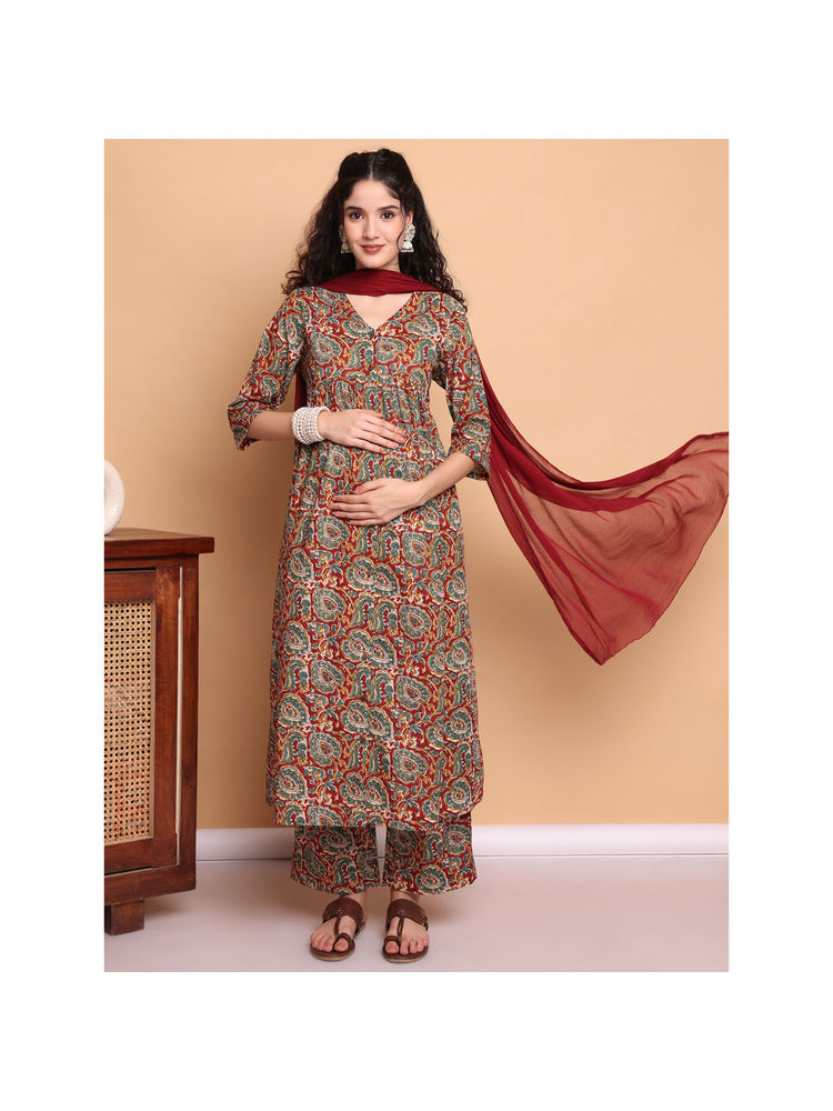 Secret Wish Red Paisley Cotton Maternity Kurta Pant and Dupatta (Set of 3)-picture-27