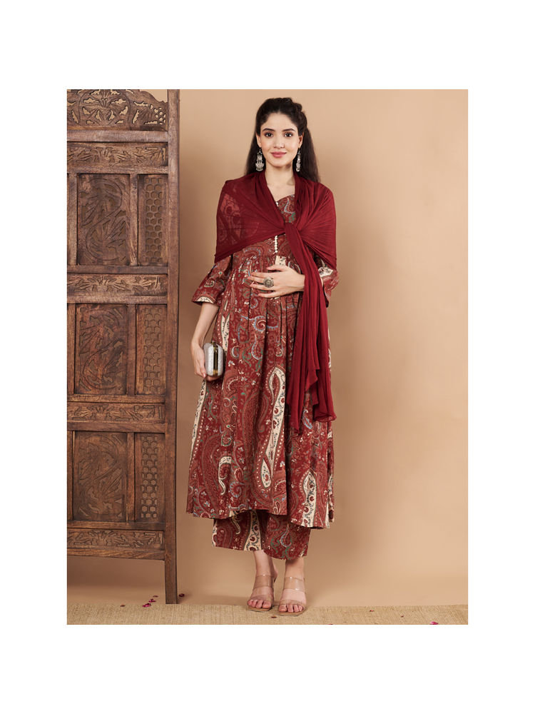 Secret Wish Maroon Paisley Cotton Maternity Kurta Pant and Dupatta (Set of 3)-picture-17
