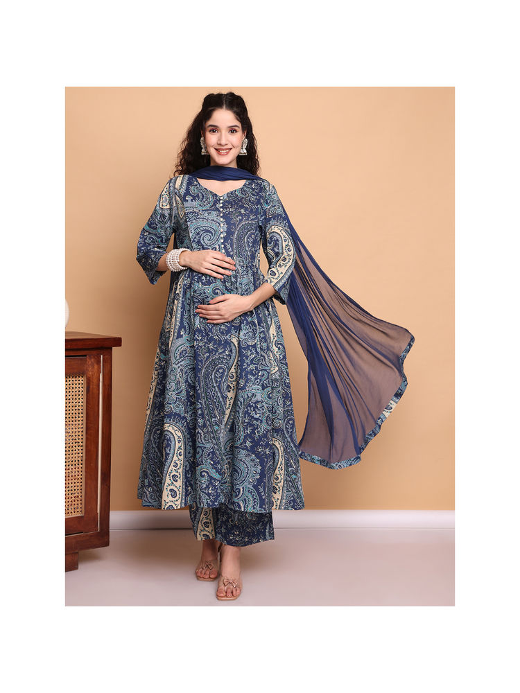 Secret Wish Navy Blue Paisley Cotton Maternity Kurta Pant and Dupatta (Set of 3)-picture-16