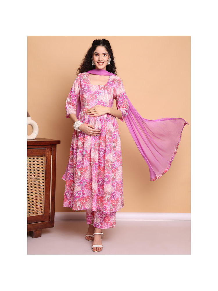 Secret Wish Pink Floral Cotton Maternity Kurta Pant and Dupatta (Set of 3)-picture-18