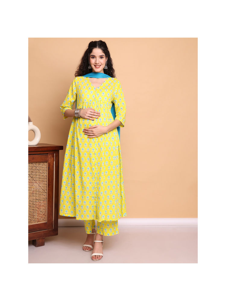Secret Wish Yellow Floral Cotton Maternity Kurta Pant and Dupatta (Set of 3)-picture-13