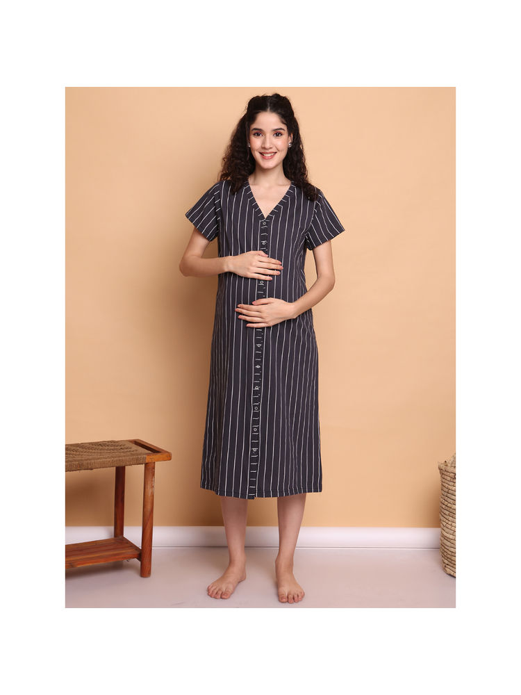 Secret Wish Black Striped Hosiery Zipless Maternity Nighty-picture-15