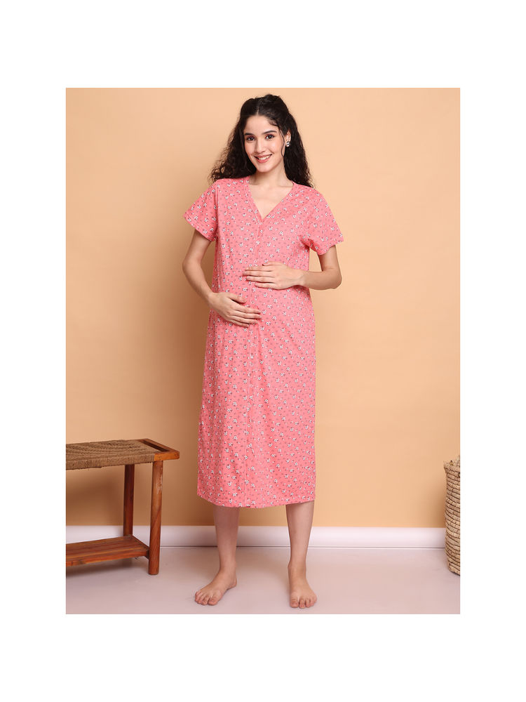 Secret Wish Pink Floral Hosiery Zipless Maternity Nighty-picture-25