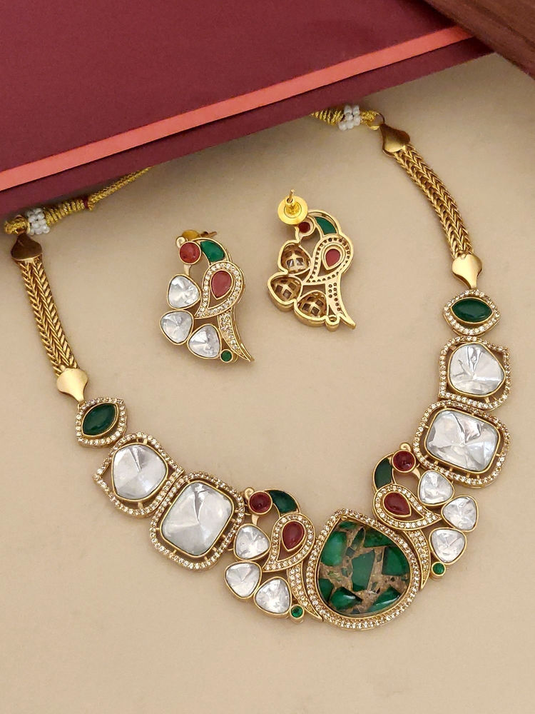 Abdesigns Multi-Color Gold Plated Polki American Diamond Studded Necklace with Earrings-image-26