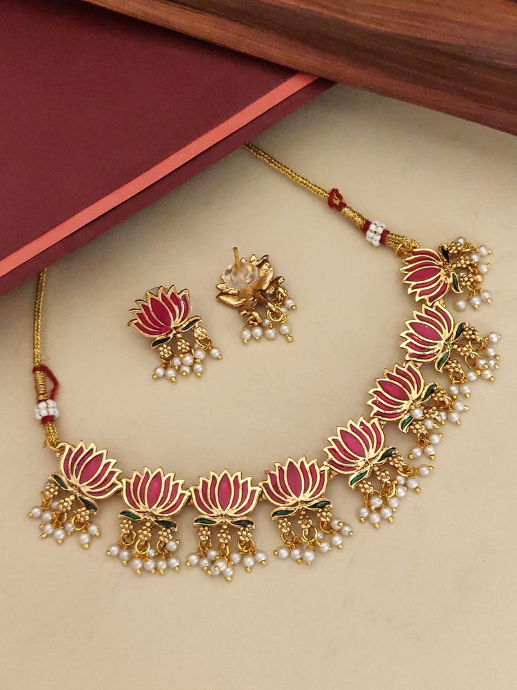 Abdesigns Pink Gold Plated Kempstone Studded Temple Necklace with Earrings-image-29
