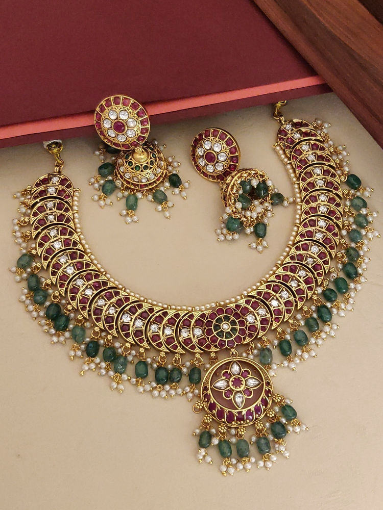 Abdesigns Multi-Color Gold Plated Polki Kempstone Studded Temple Necklace with Earrings-image-25
