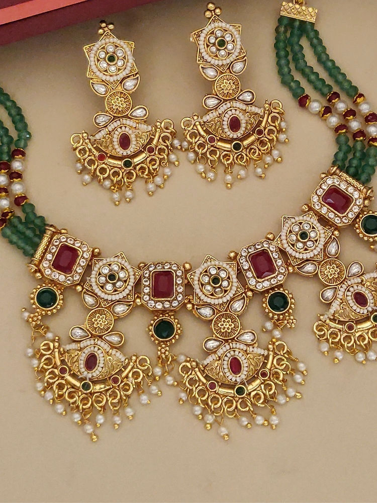 Abdesigns Multi-Color Gold Plated Kundan Studded Necklace with Earrings-image-24