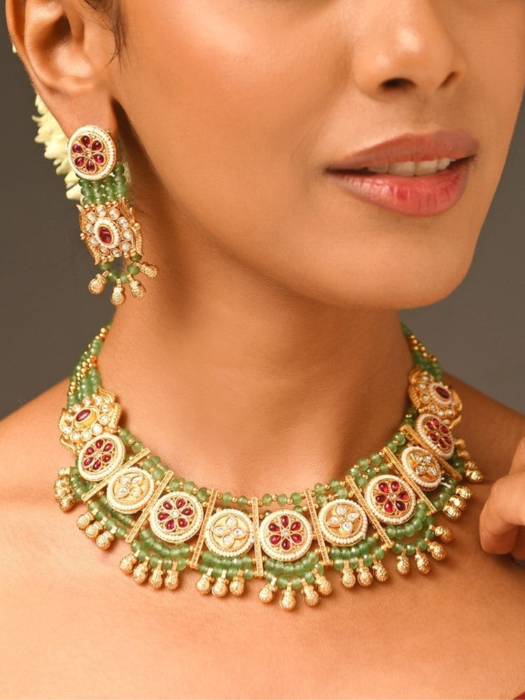 Abdesigns Multi-Color Antique Rajwadi Gold Plated Polki Studded Necklace with Earrings-image-12