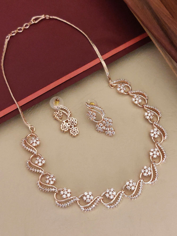 Abdesigns White Rose Gold Plated American Diamond Studded Necklace with Earrings-image-37