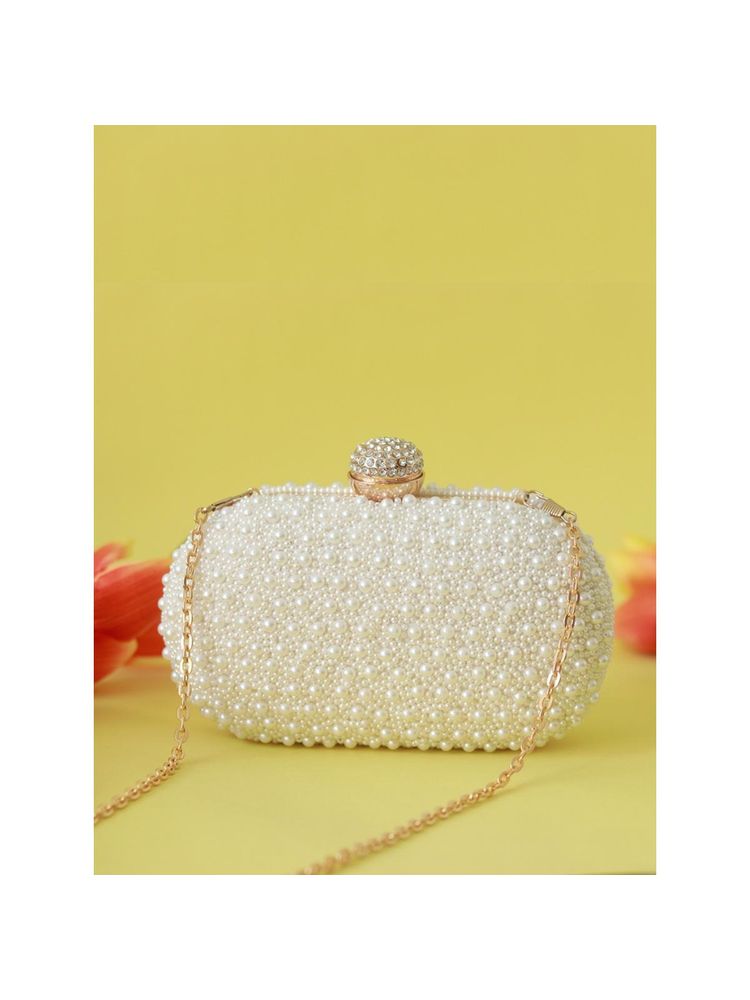 THE TAN CLAN White Pearl Clutch with Detachable Chain Strap