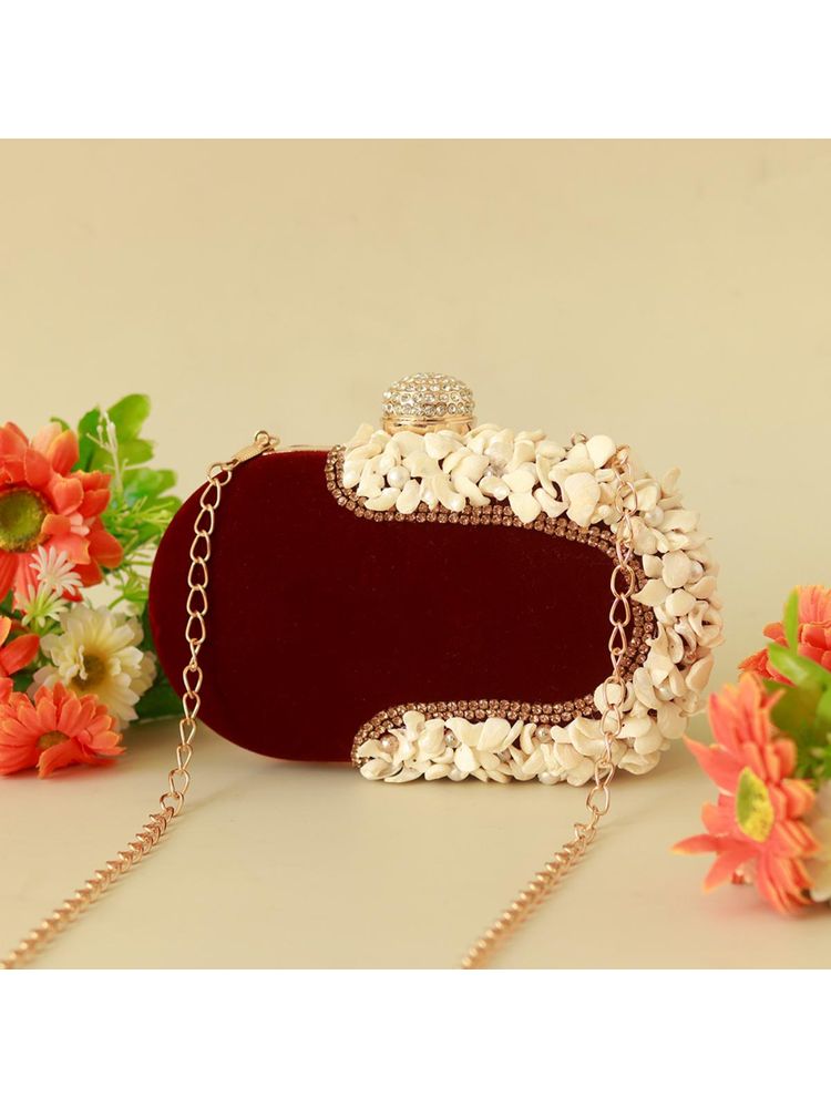 THE TAN CLAN Maroon Sea Shells Embellished Clutch with Detachable Chain Strap-picture-14