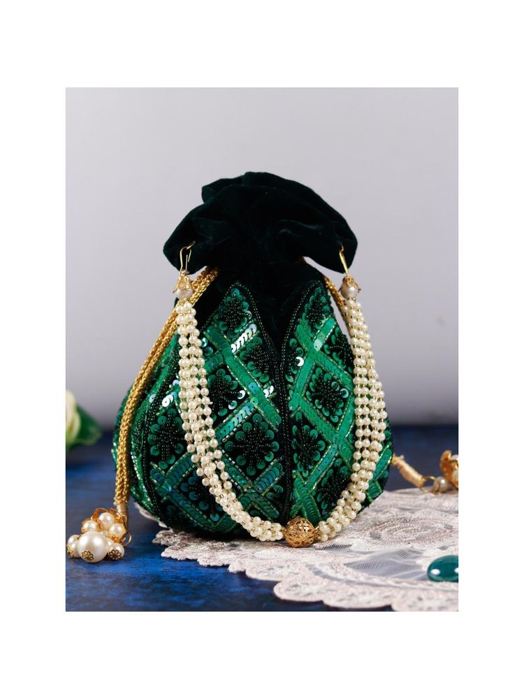 THE TAN CLAN Green Sequined Potli with Detachable Handle-image-29